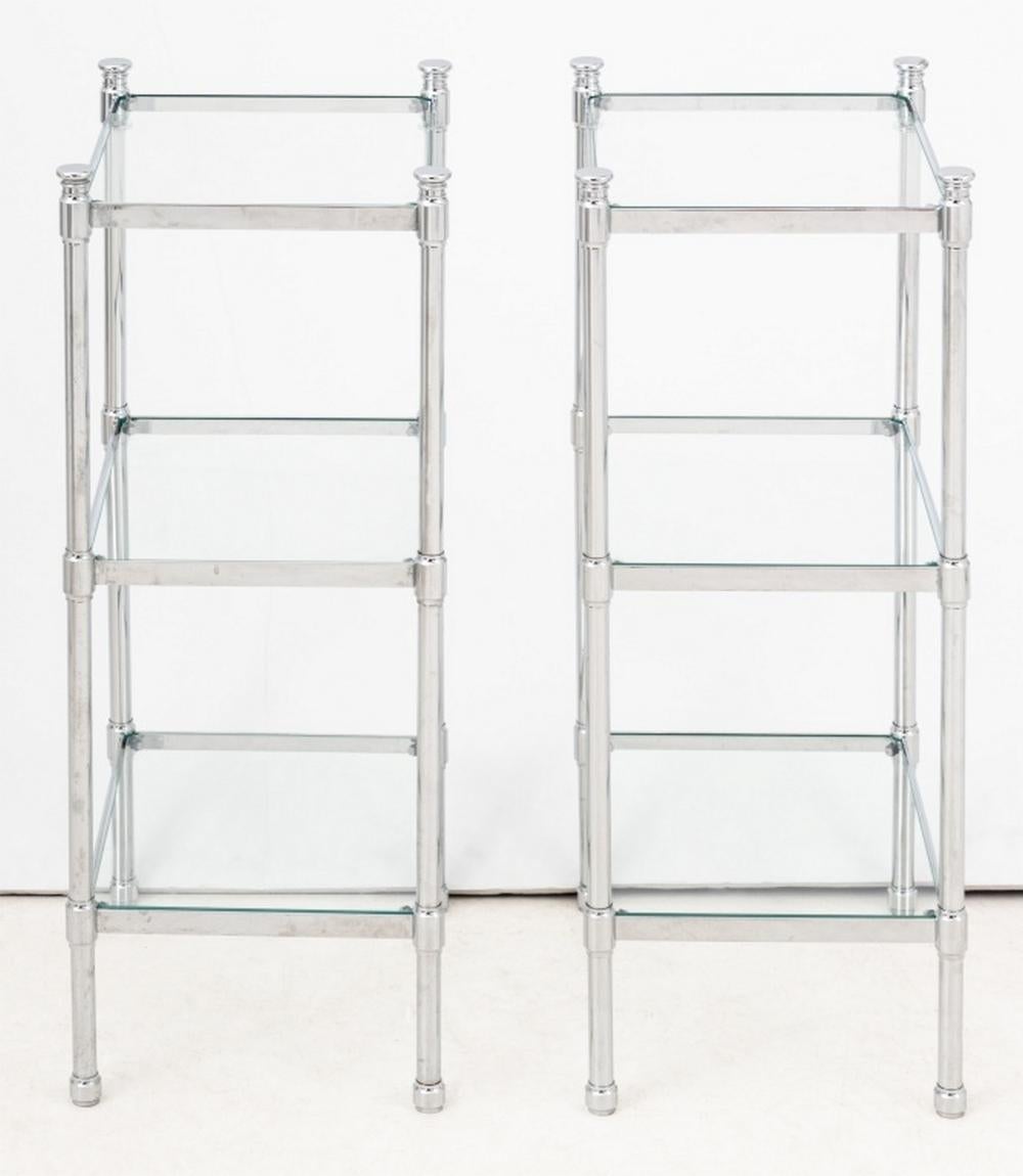 Mid-Century Modern Pair of Modern Chrome and Glass Three-Tier End Tables For Sale
