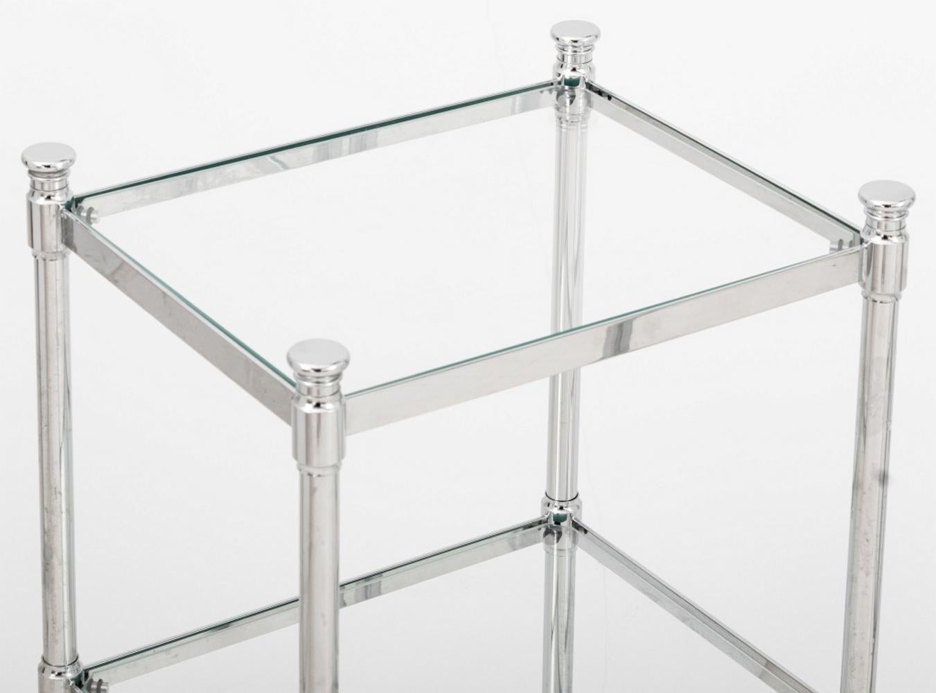 Pair of Modern Chrome and Glass Three-Tier End Tables For Sale 1