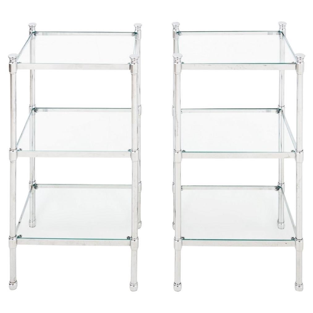Pair of Modern Chrome and Glass Three-Tier End Tables For Sale