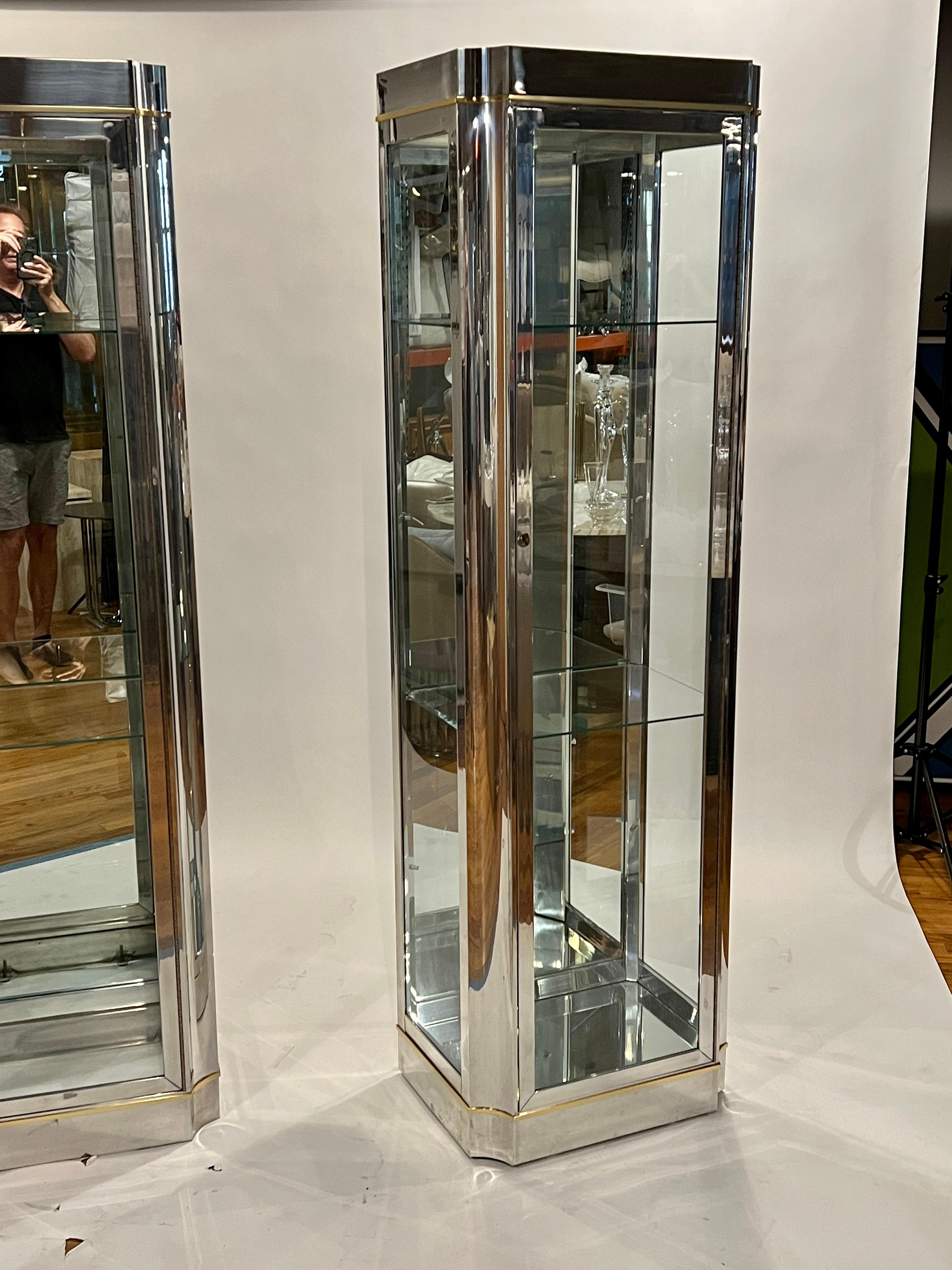 Polished Pair of Modern Chrome and Glass Vitrines For Sale