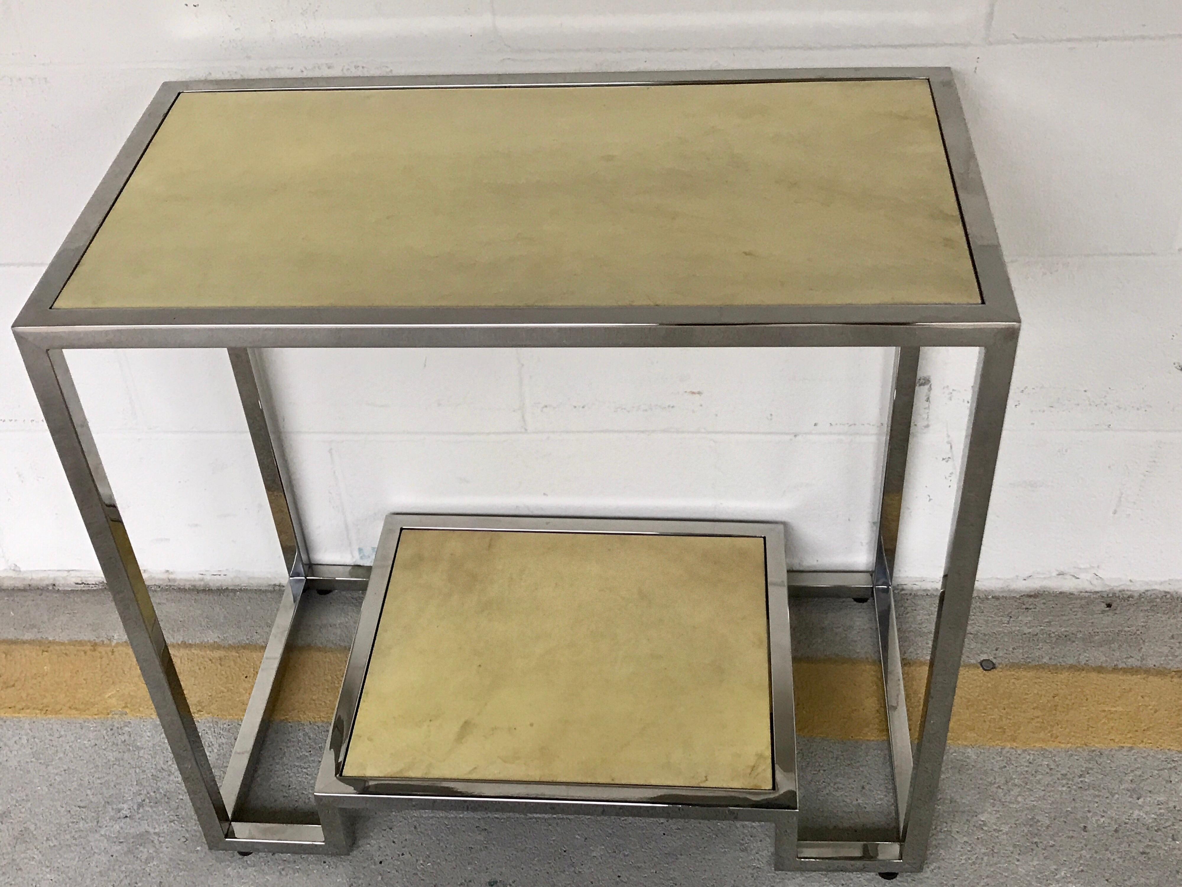 Polished Pair of Modern Chrome and Parchment Two-Tier Side Tables