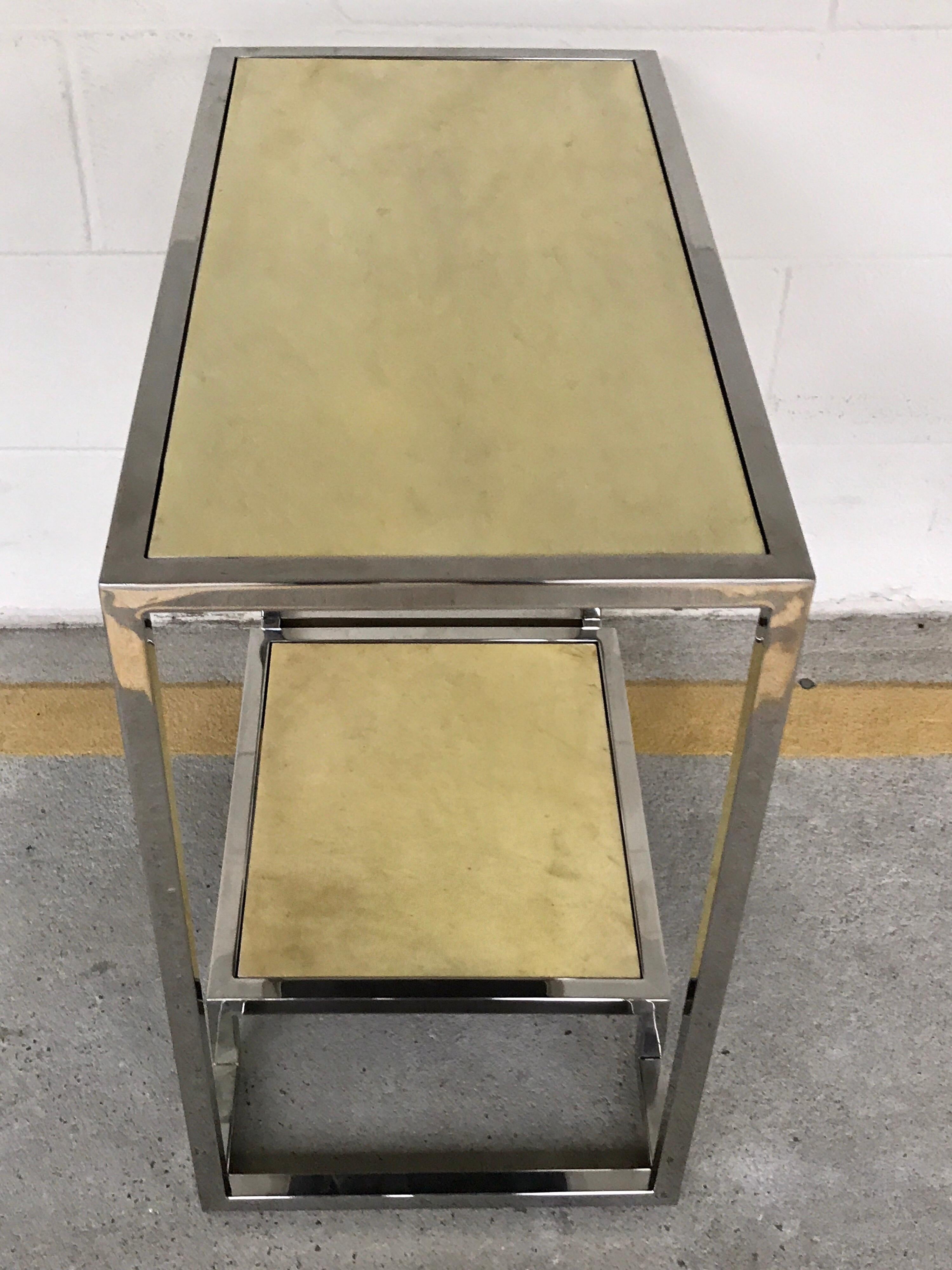 Pair of Modern Chrome and Parchment Two-Tier Side Tables In Good Condition In West Palm Beach, FL