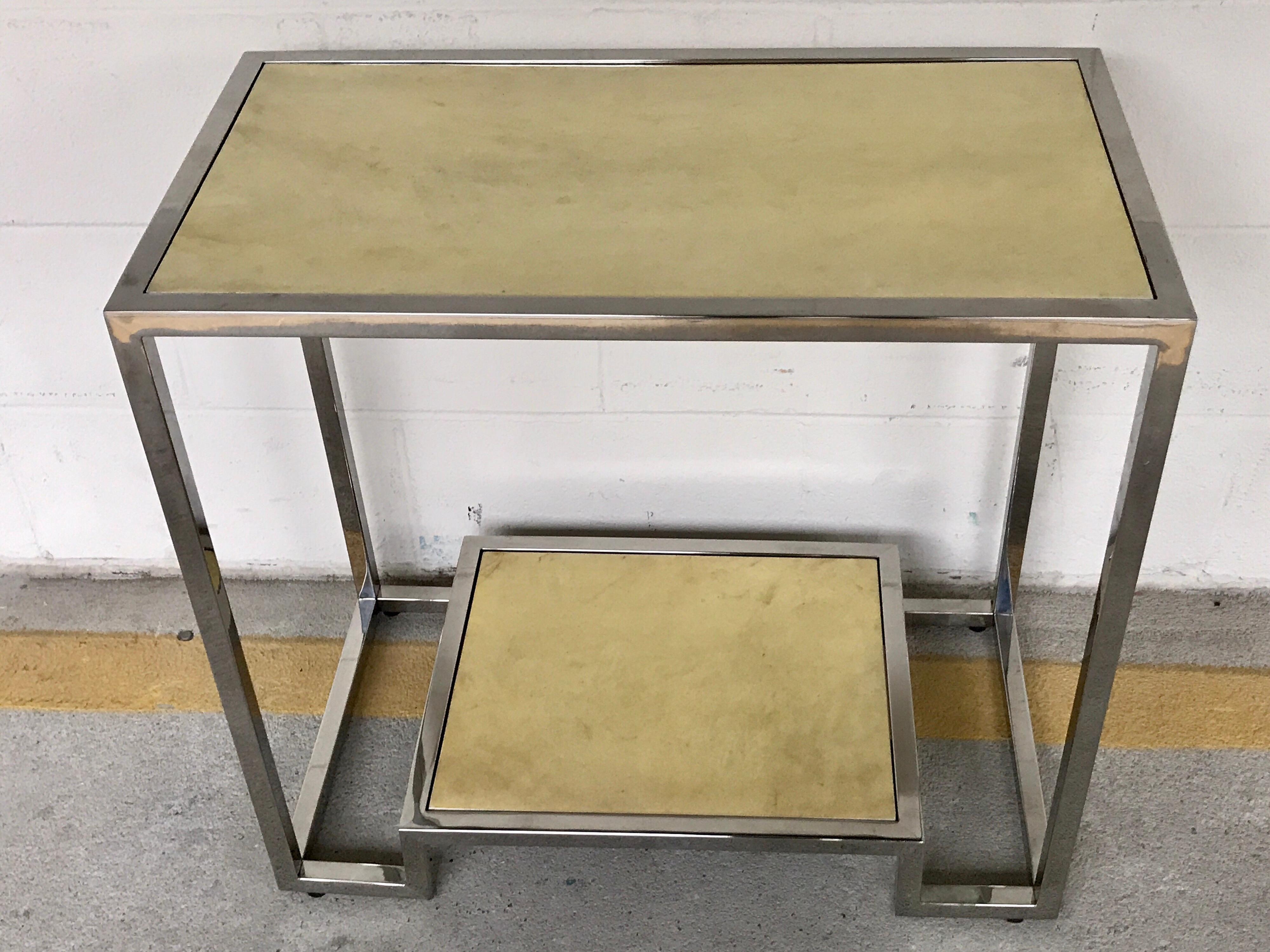 Contemporary Pair of Modern Chrome and Parchment Two-Tier Side Tables