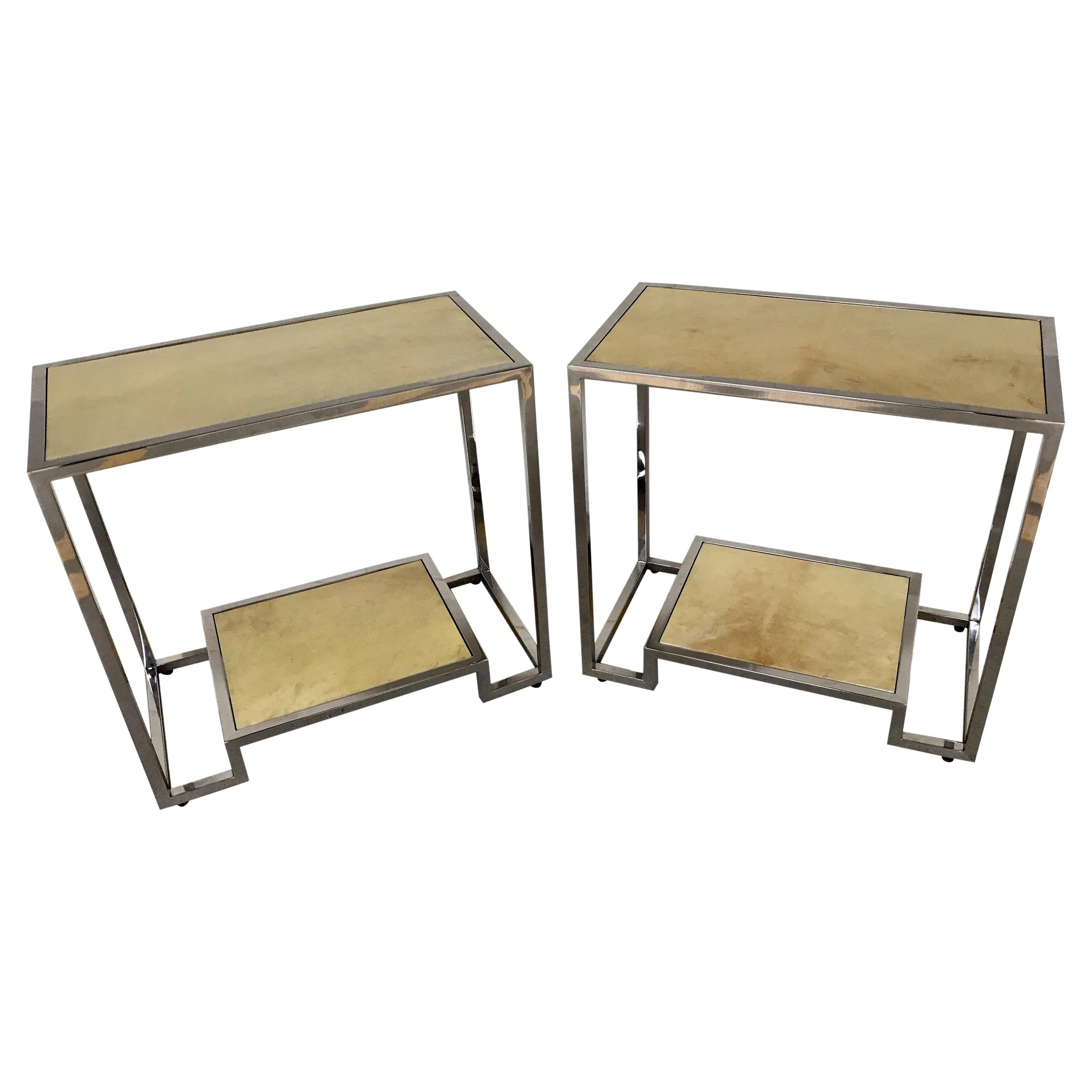 Pair of Modern Chrome and Parchment Two-Tier Side Tables