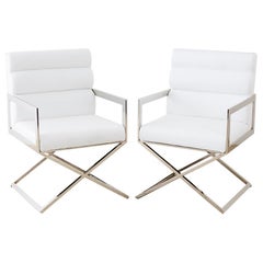Pair of Modern Chrome and White Directors Chairs