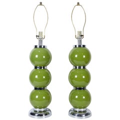 Vintage Pair of Modern Chrome Lime Green Stacked Ball Table Lamps USA, circa 1970