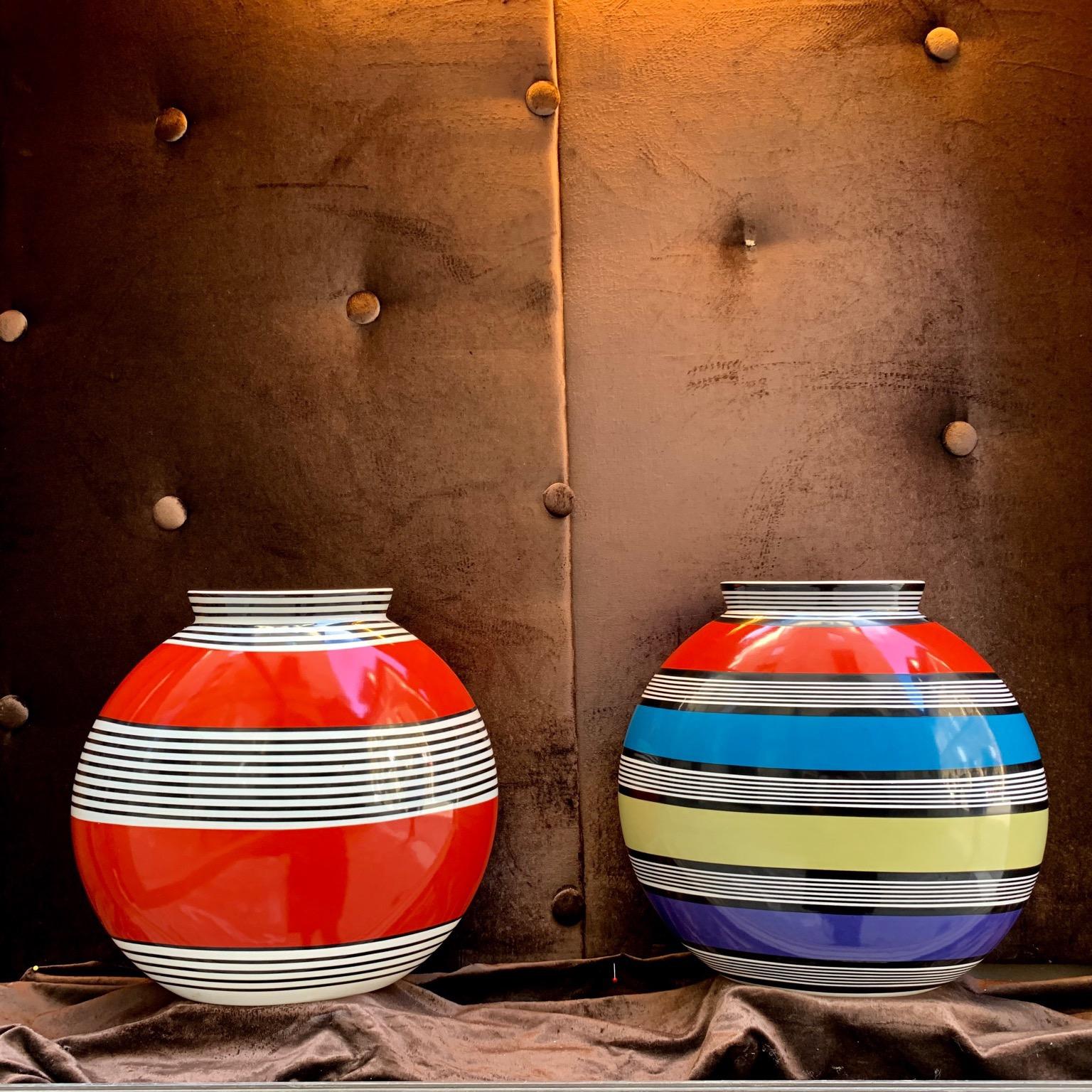 Italian Pair of Modern Colored Striped Porcelain Vases by Missoni