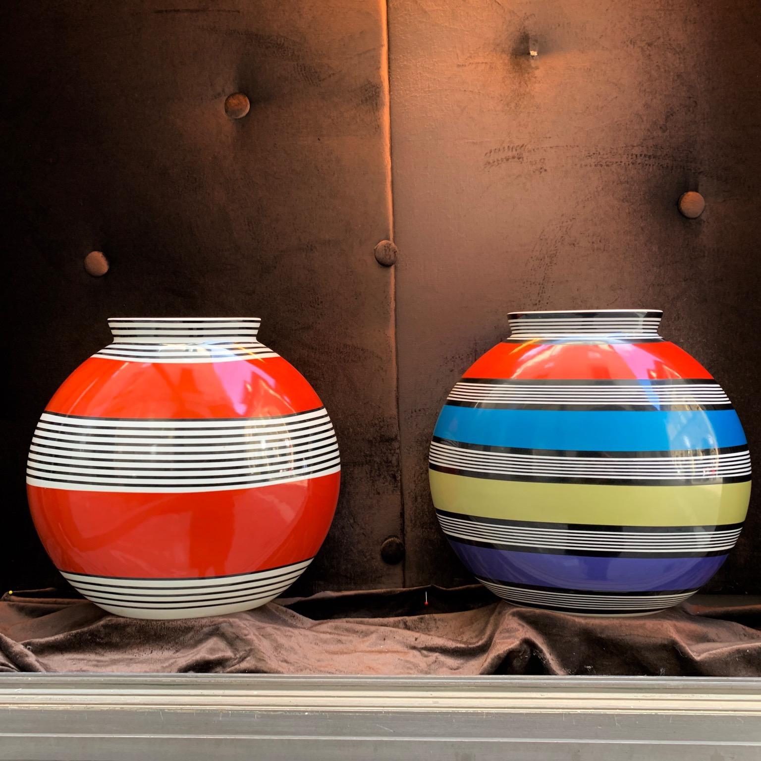 Pair of modern colored striped porcelain vases signed by Richard Ginori for Missoni