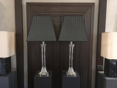 Pair Columned Table Lamps Chrome Finish with Silk Black White Lampshades