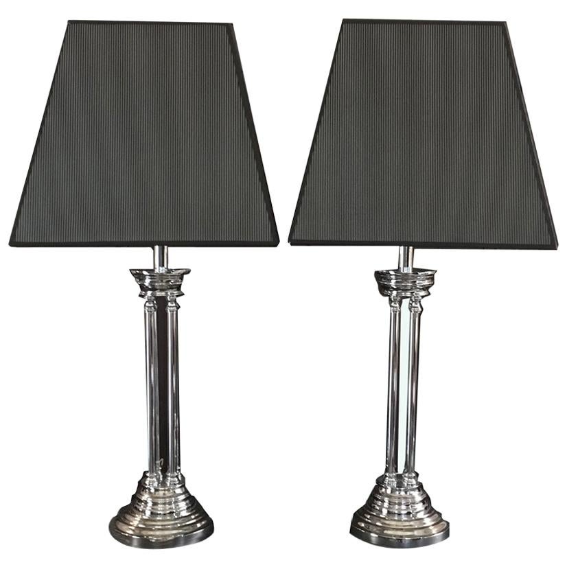 Pair Columned Table Lamps Chrome Finish with Silk Black White Lampshades For Sale