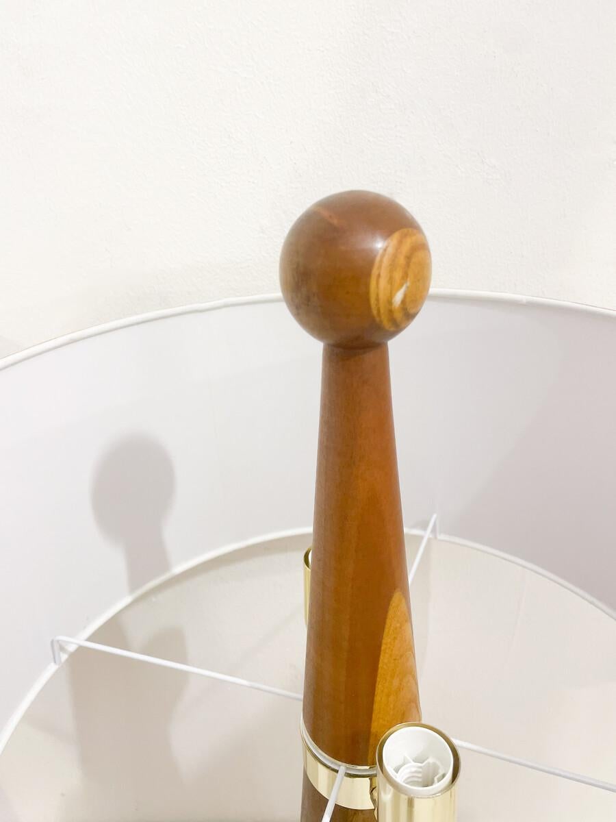 Bouclé Pair of Modern Conical Wooden Table Lamps, Boucle Lampshade, Italy