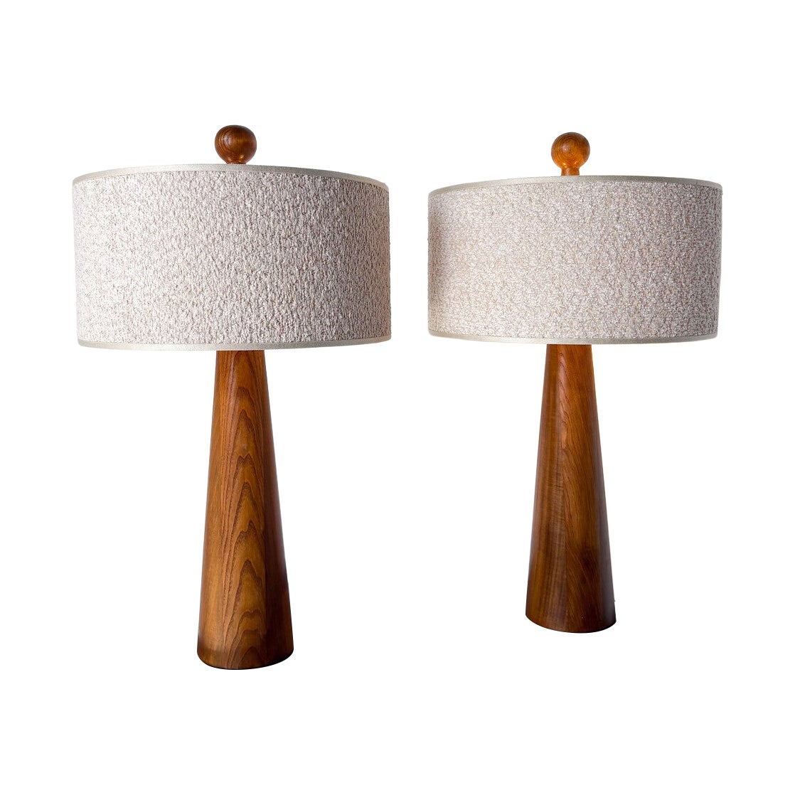 Paire de lampes de table modernes coniques en bois, abat-jour en bouclé, Italie