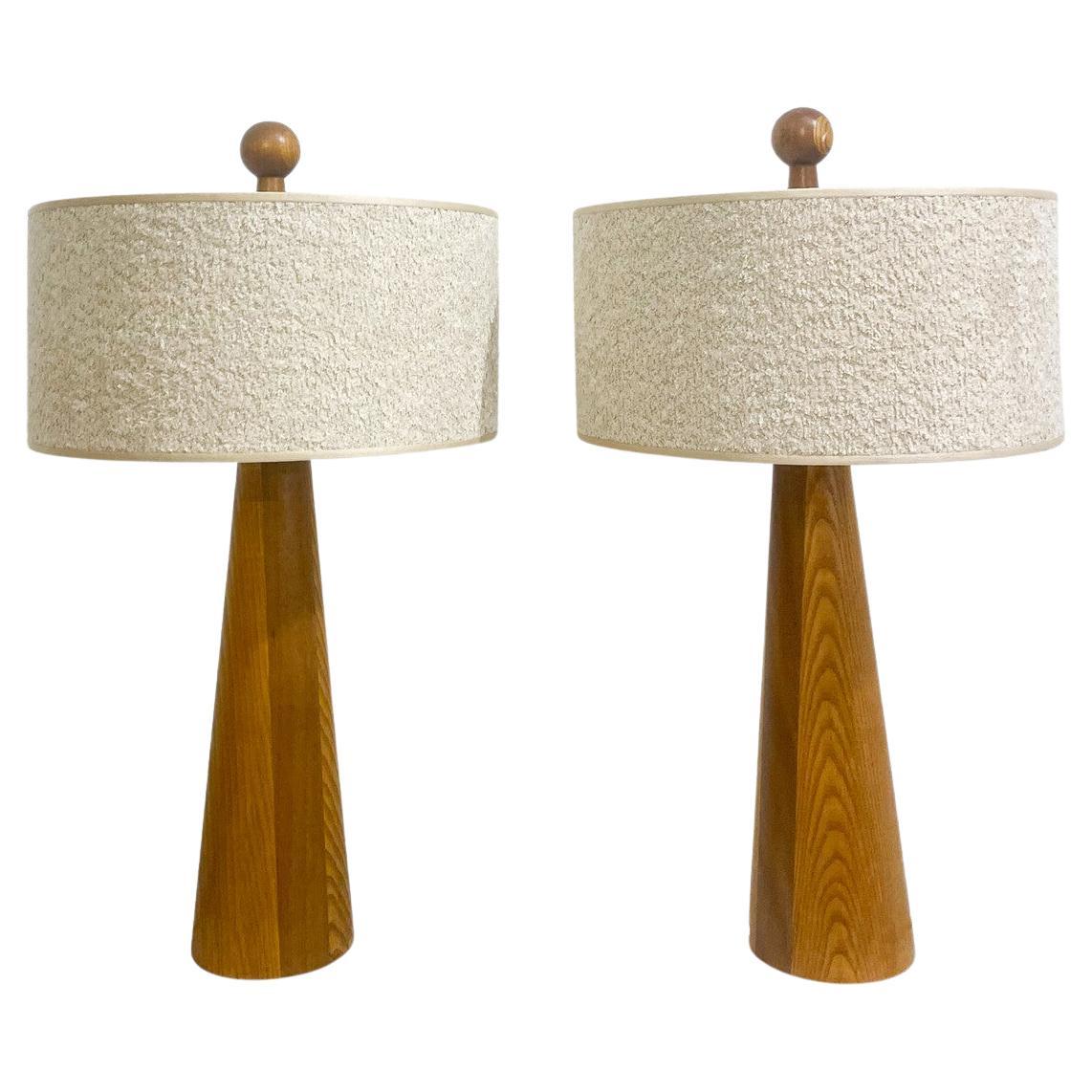 Pair of Modern Conical Wooden Table Lamps, Boucle Lampshade, Italy