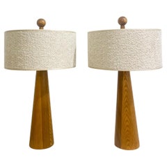 Pair of Modern Conical Wooden Table Lamps, Boucle Lampshade, Italy