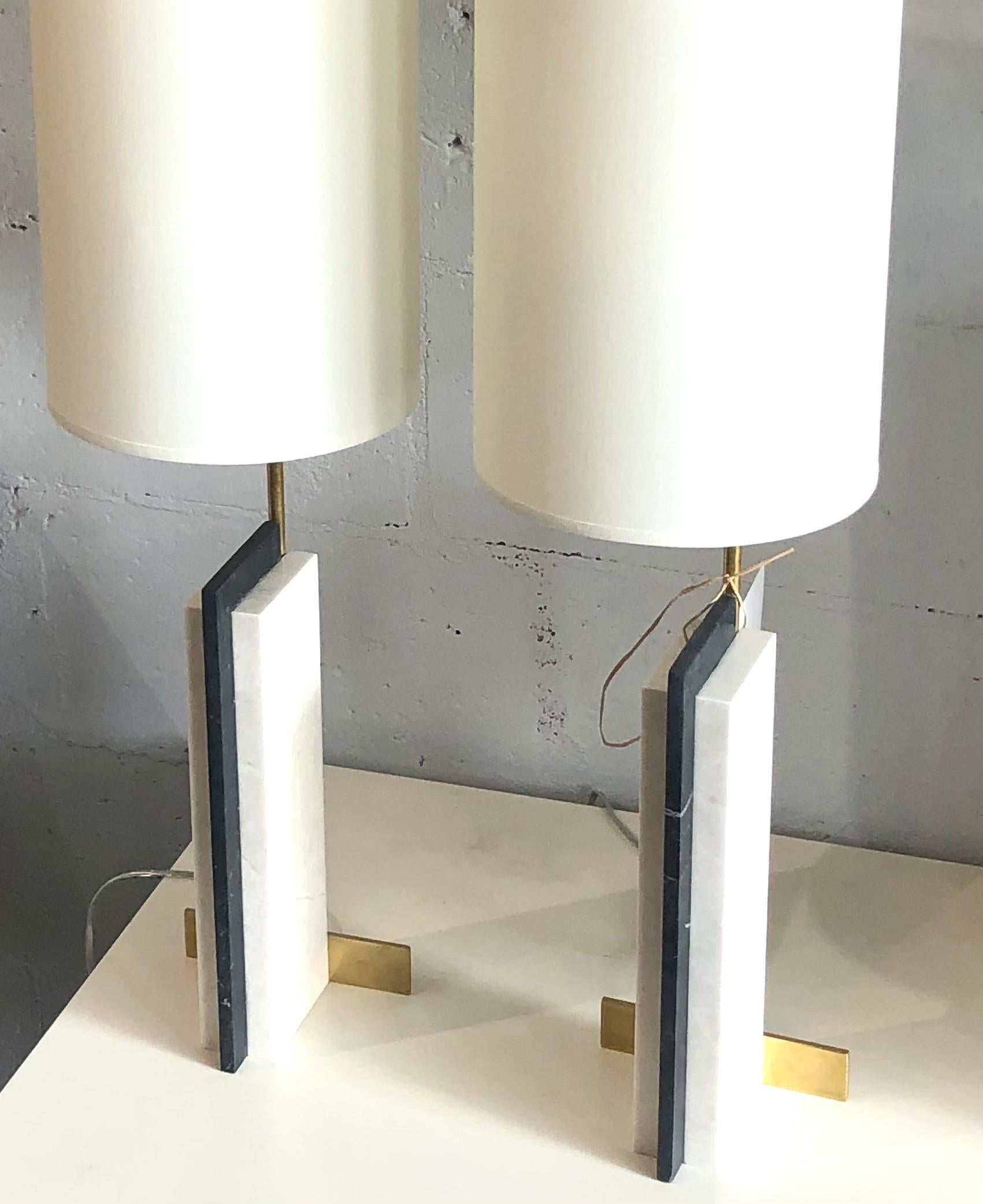 Pair of Modern Craftsman Table Lamps in Marble and Brass For Sale 1