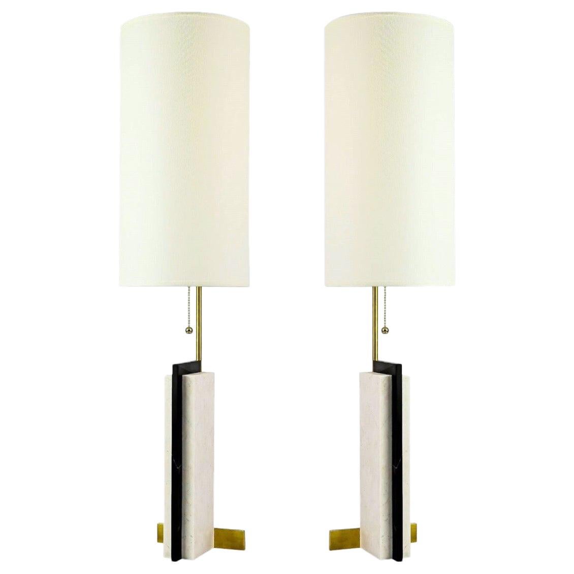 Pair of Modern Craftsman Table Lamps in Marble and Brass For Sale