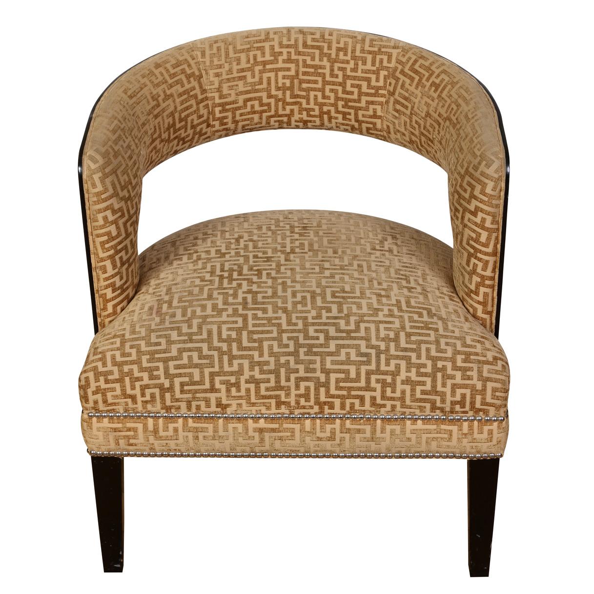 Pair of chic, contemporary curved open back armchairs with geometric design gold cut velvet on chocolate brown frames.