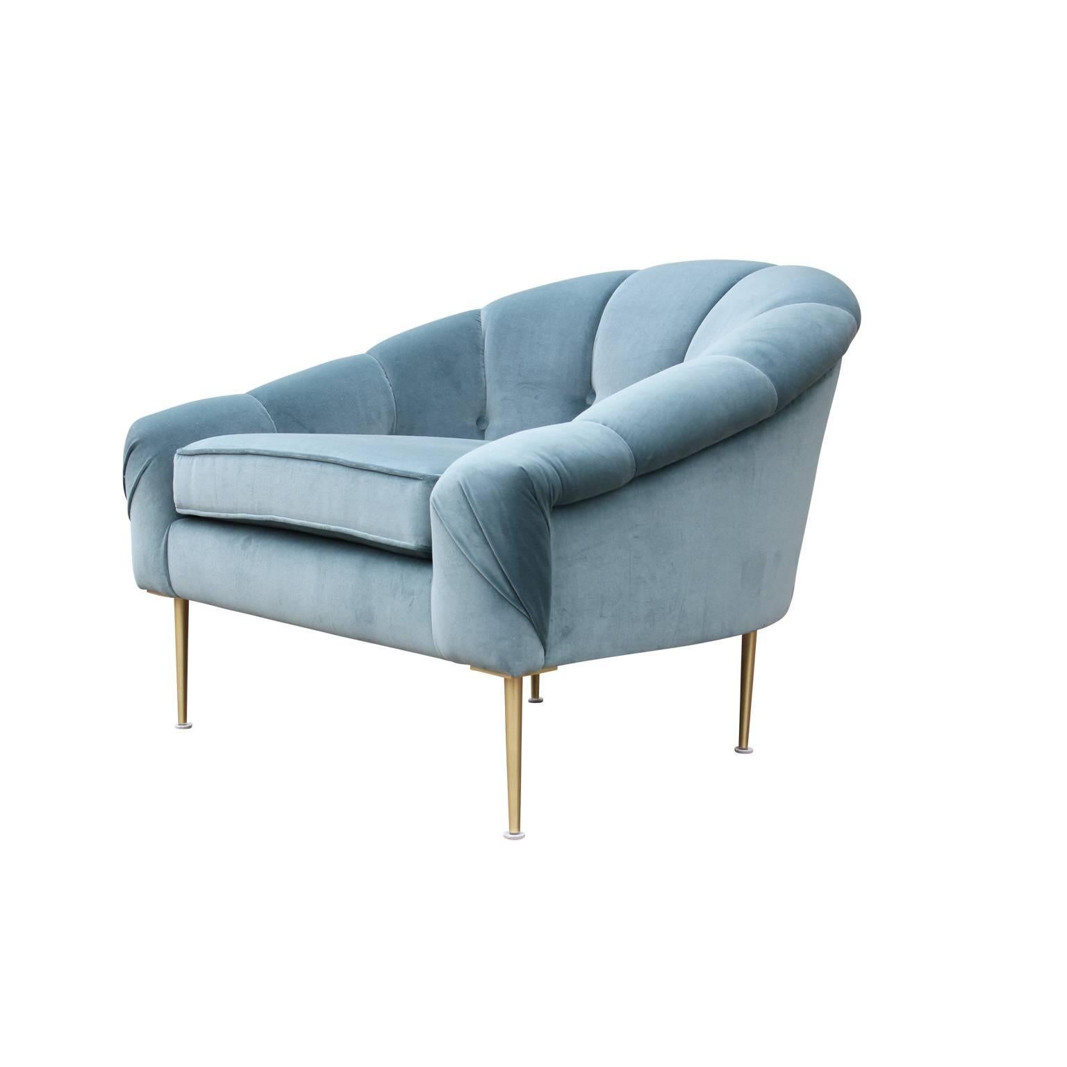 American Pair of Modern Custom Blue Velvet Lounge Chairs with Brass Legs