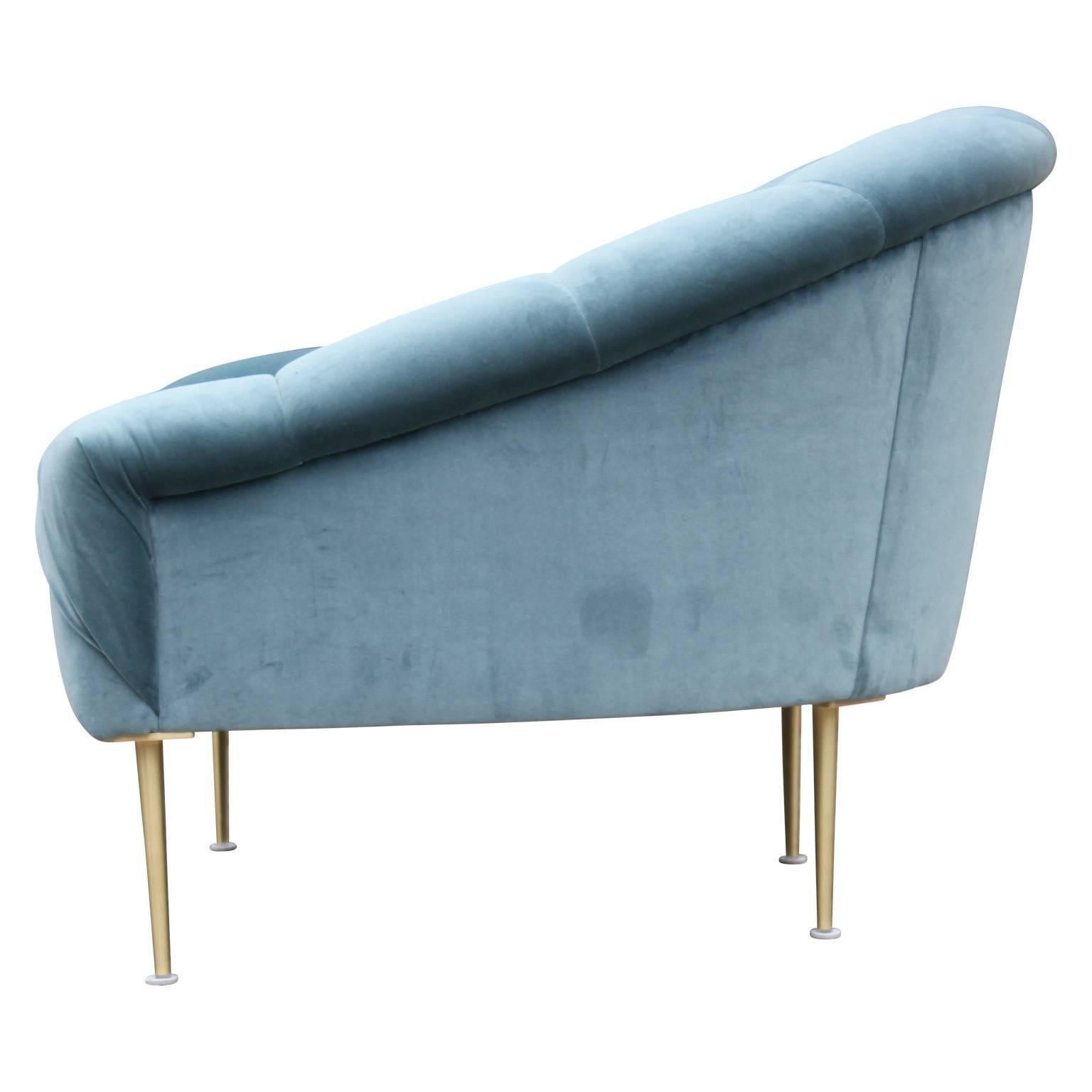 Contemporary Pair of Modern Custom Blue Velvet Lounge Chairs with Brass Legs