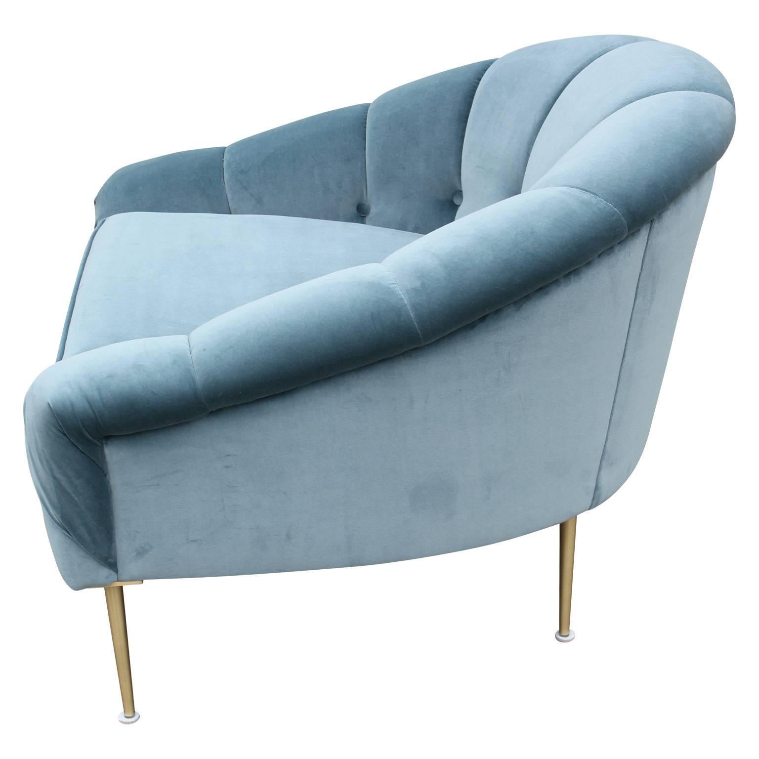Pair of Modern Custom Blue Velvet Lounge Chairs with Brass Legs 1