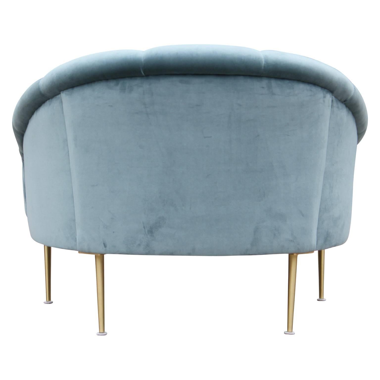 Pair of Modern Custom Blue Velvet Lounge Chairs with Brass Legs 2