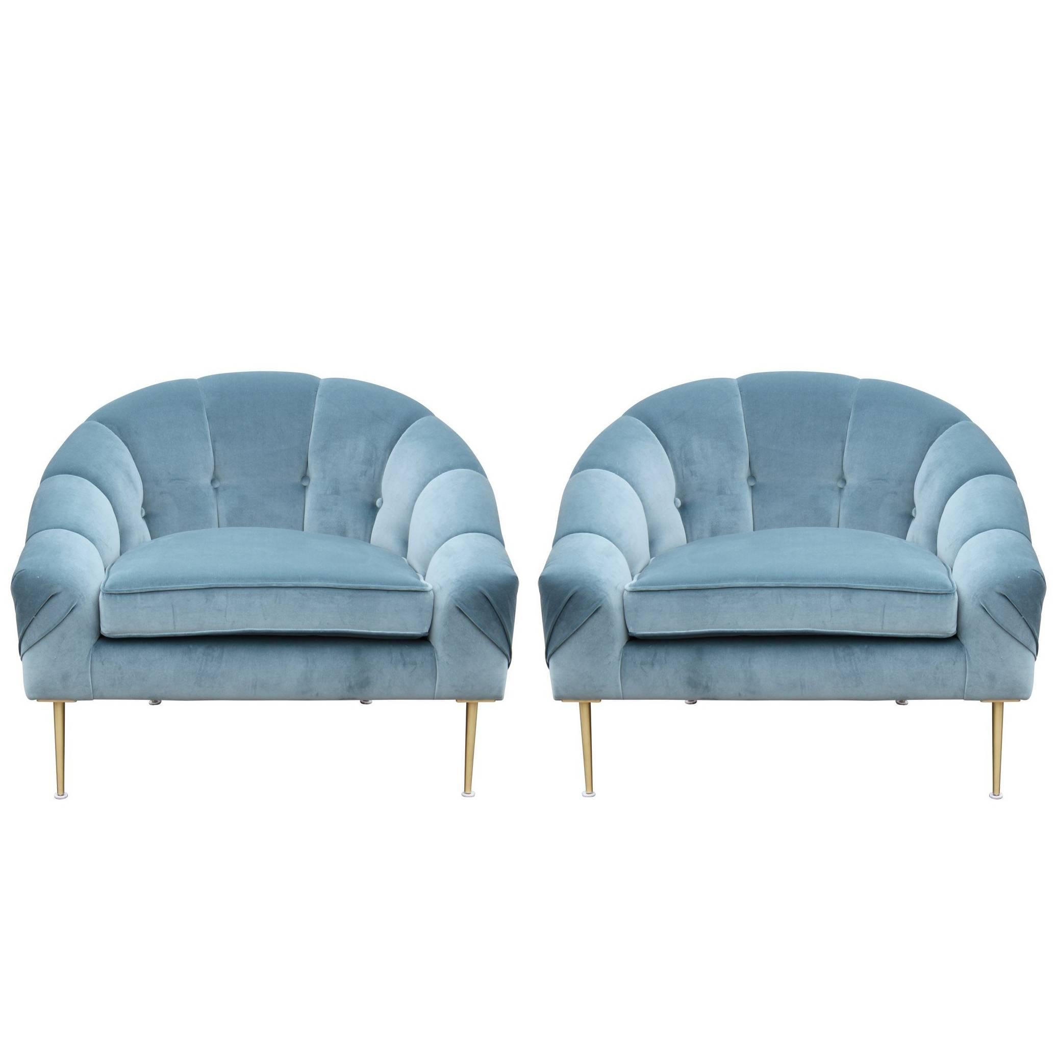 Pair of Modern Custom Blue Velvet Lounge Chairs with Brass Legs