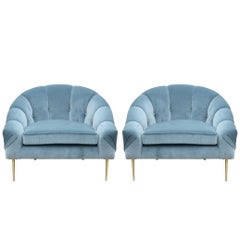 Pair of Modern Custom Blue Velvet Lounge Chairs with Brass Legs