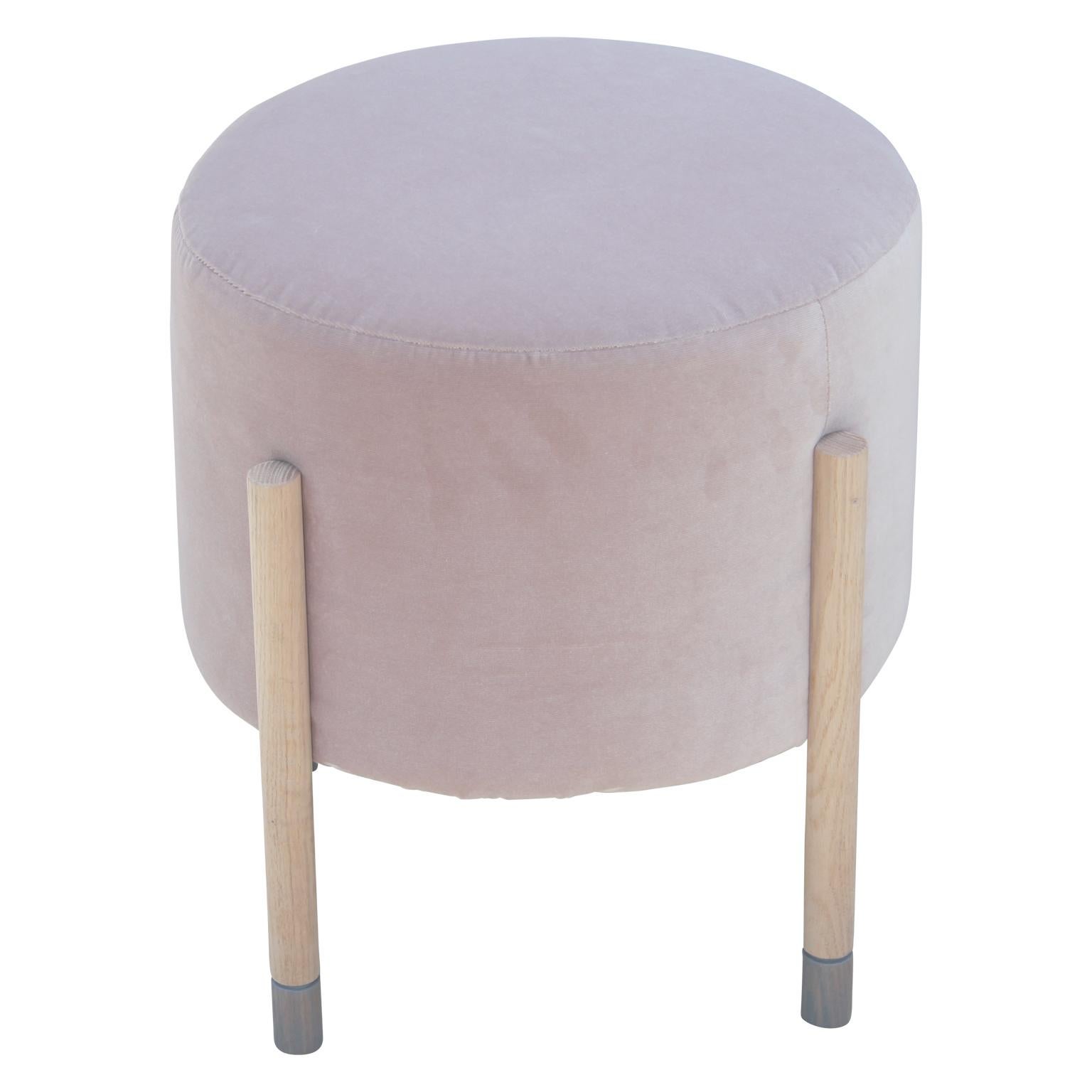 Pair of modern custom-made poufs / stools with bleached wood frames with grey tips and upholstered in a lush blush/purple velvet. Can make COM.