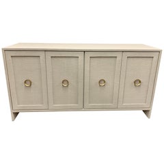 Pair of Modern Custom Four Door Linen Wrapped Credenzas Sideboards Consoles