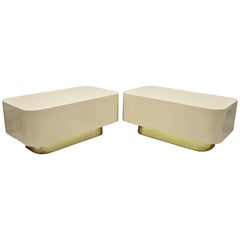 Pair of Modern Custom Large Modernist Beige Laminate & Gold Low Side End Tables