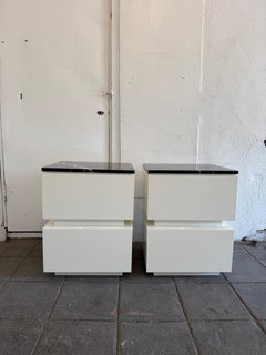 Pair of modern custom made white Lacquer Nightstands 2 Drawer with marble tops