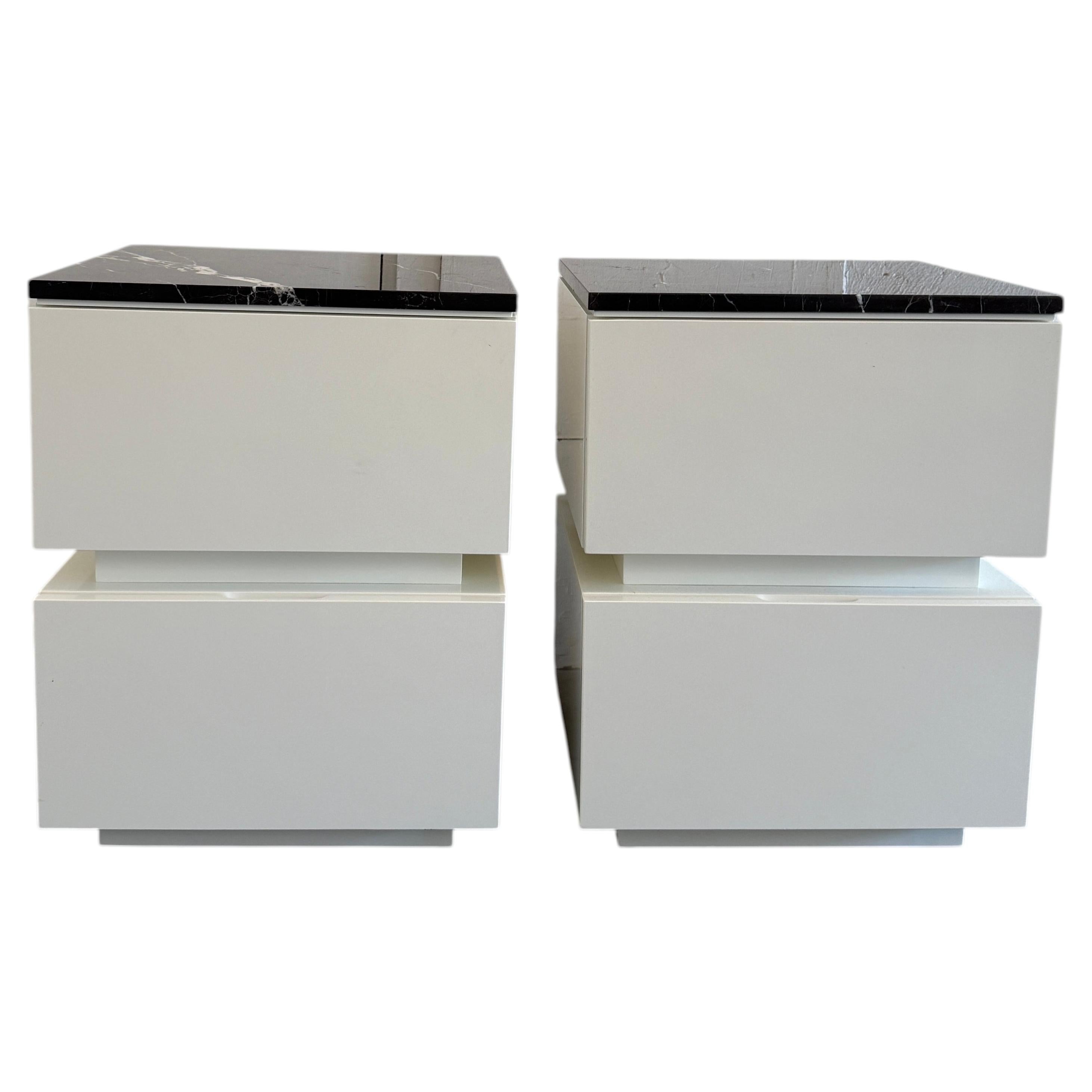 Pair of modern custom made white Lacquer Nightstands 2 Drawer with marble tops