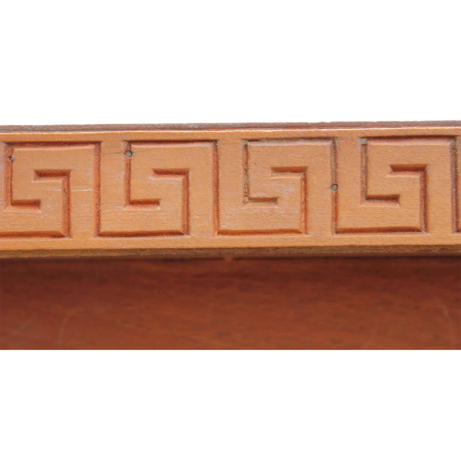 Pair of Modern Custom Walnut Demilune Entry Tables with Greek Key Trim 5