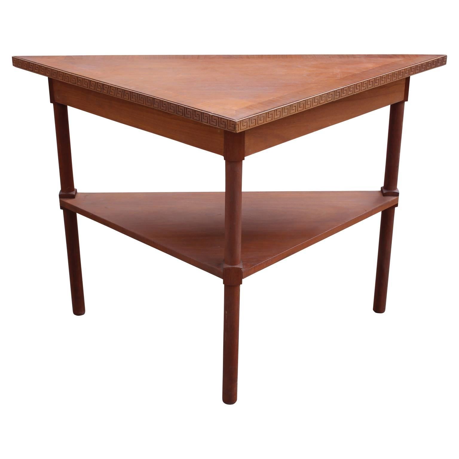 Pair of Modern Custom Walnut Demilune Entry Tables with Greek Key Trim In Excellent Condition In Houston, TX
