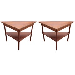 Pair of Modern Custom Walnut Demilune Entry Tables with Greek Key Trim