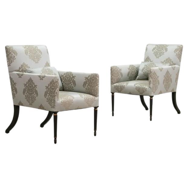 Pair of Modern Damask Dessin Fournir Arm Chairs For Sale