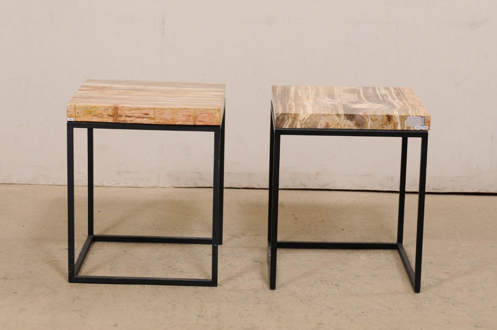 Moderne, gestaltete Beistelltische mit versteinerten Holzplatten auf Eisensockeln, Paar  im Angebot 2