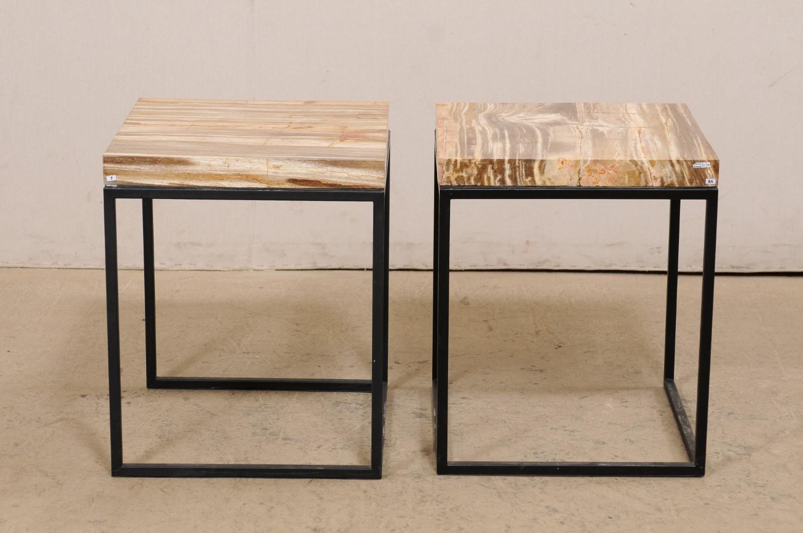 Pair of Modern Designed Side Tables with Petrified Wood Tops on Iron Bases  For Sale 4