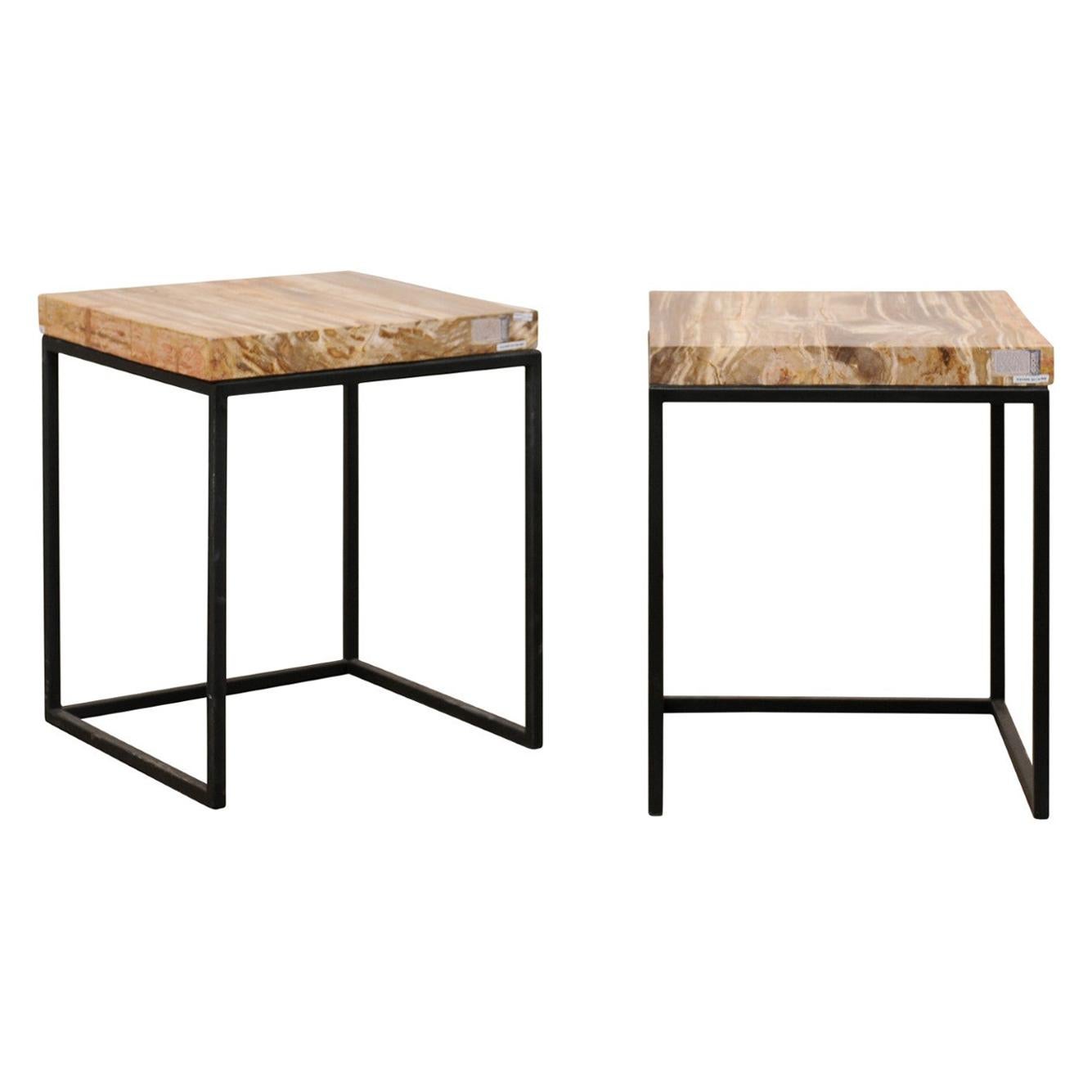 Paire de tables d'appoint modernes conçues avec plateaux en bois pétrifié sur bases en fer 
