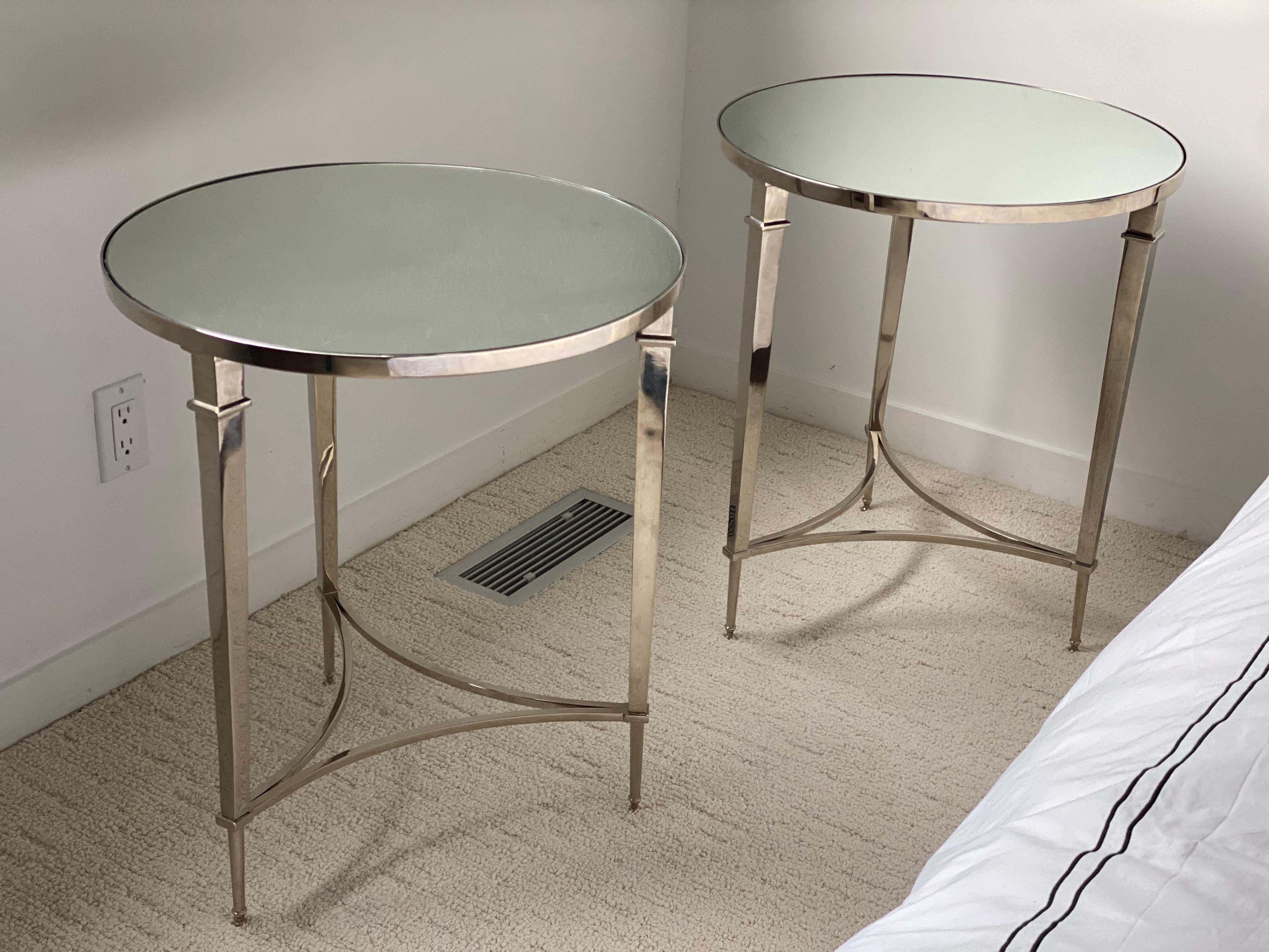 Pair of Modern Directoire Style Round Nickel End Tables with Mirror Tops In Good Condition In Southampton, NY