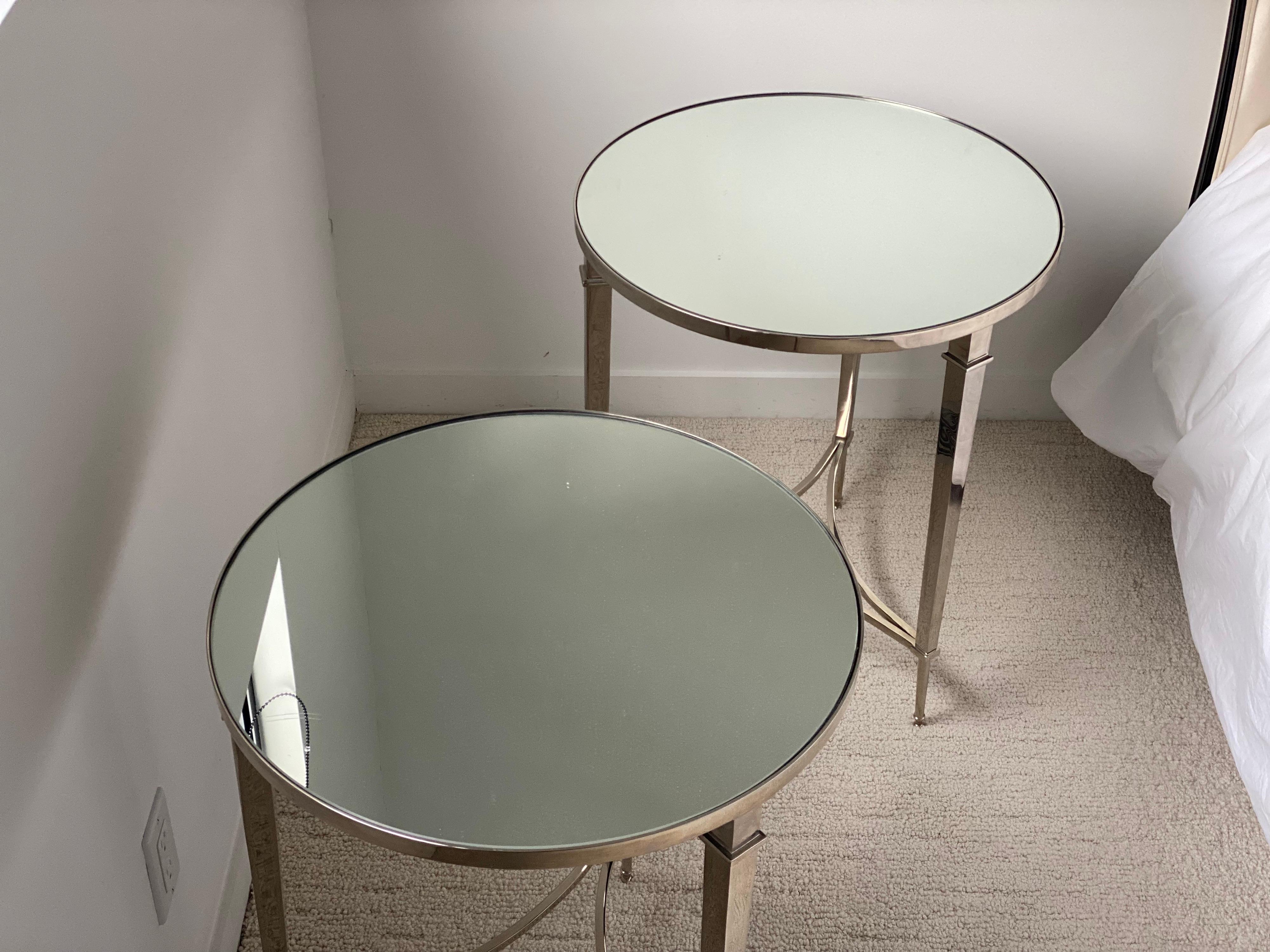 Contemporary Pair of Modern Directoire Style Round Nickel End Tables with Mirror Tops