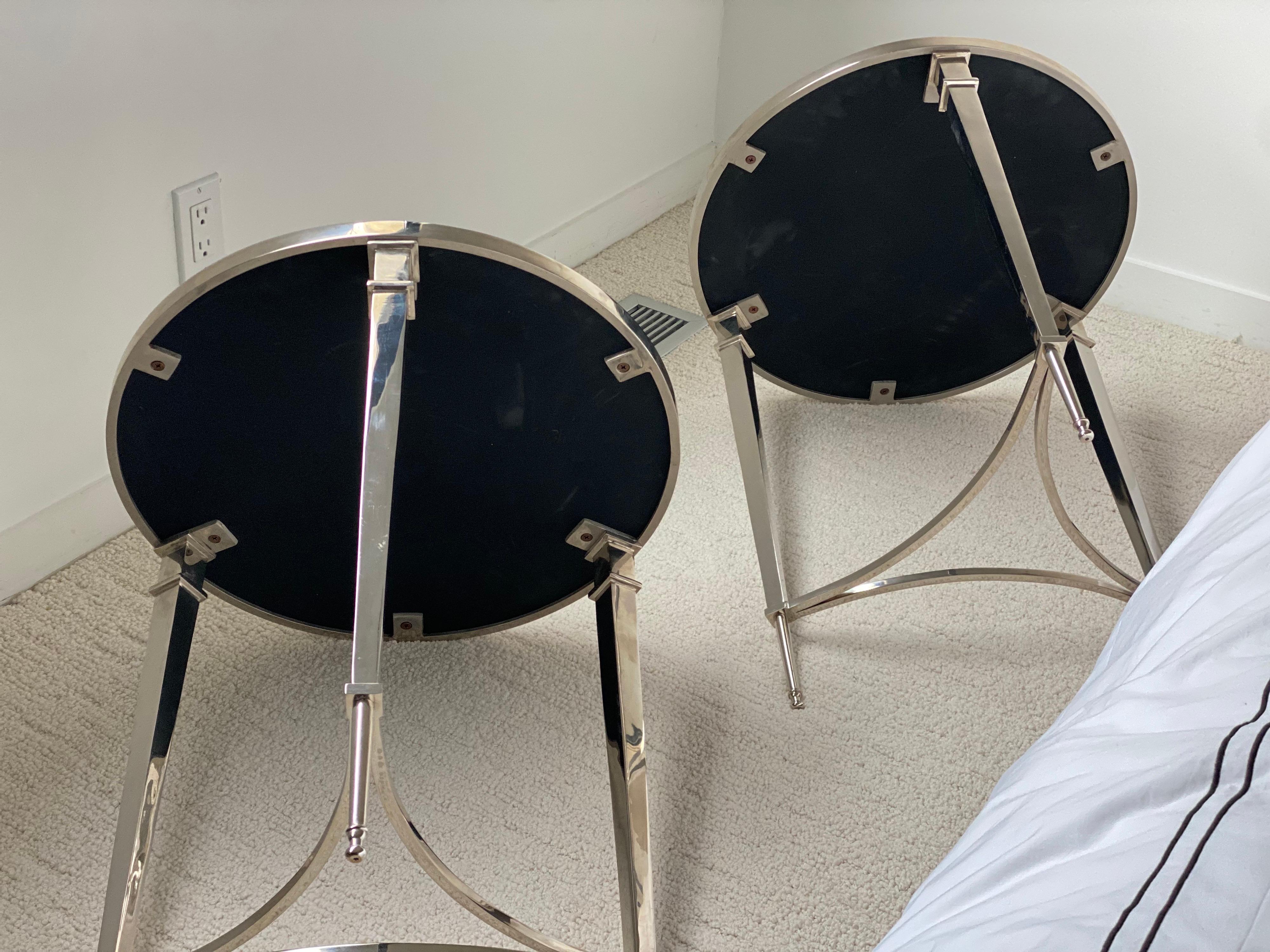 Pair of Modern Directoire Style Round Nickel End Tables with Mirror Tops 1