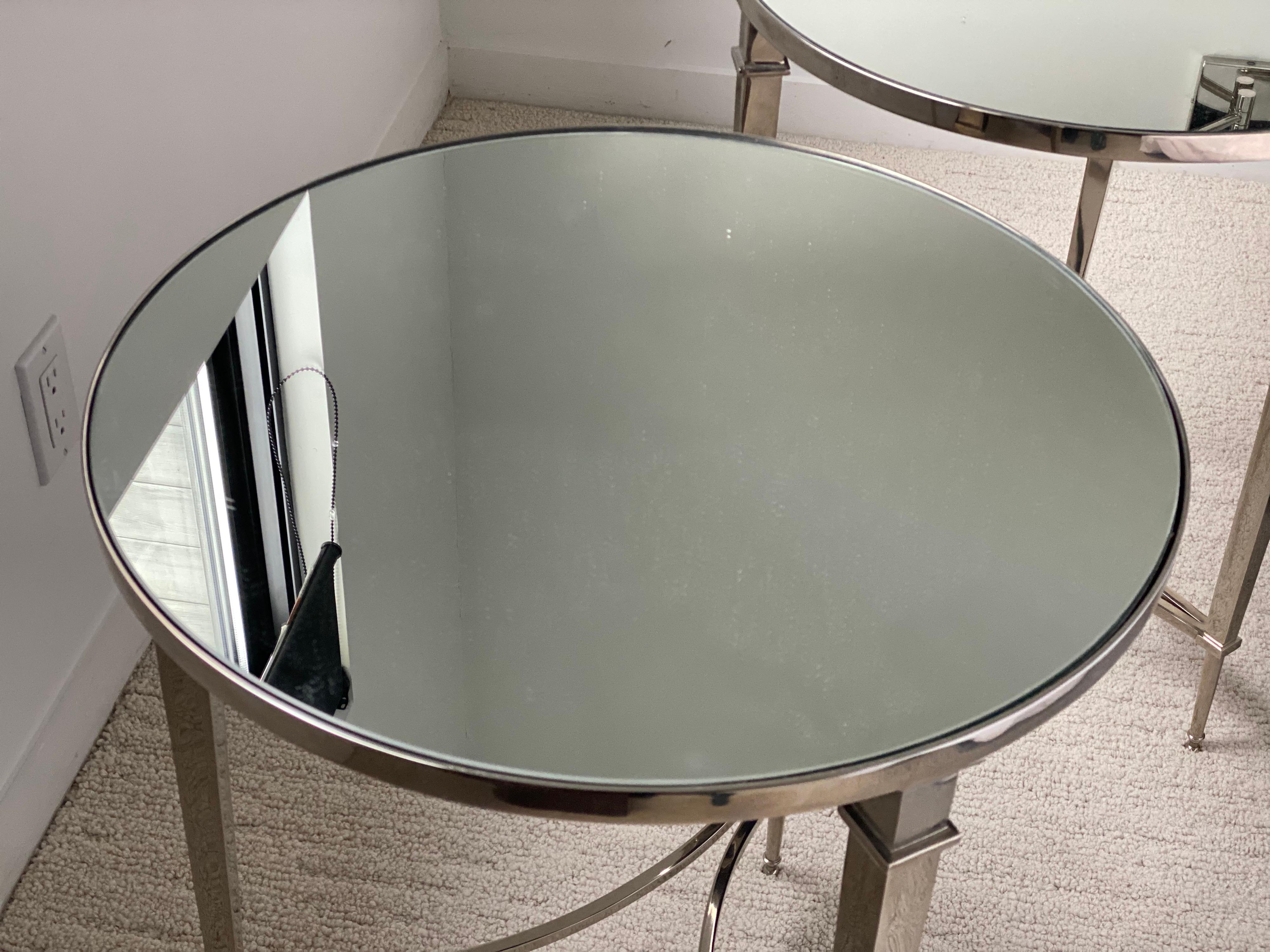 Pair of Modern Directoire Style Round Nickel End Tables with Mirror Tops 4