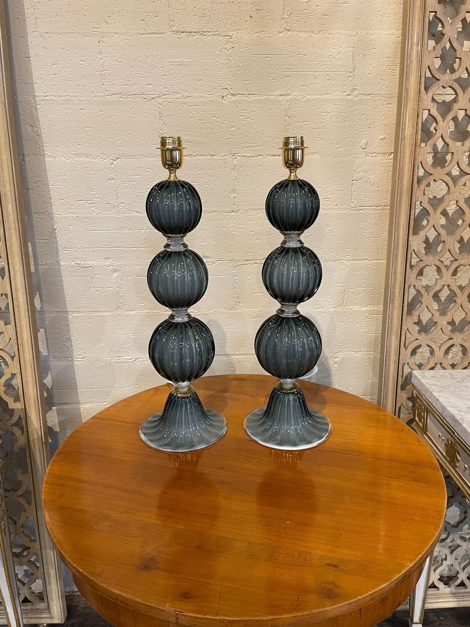 Decorative pair of modern Murano double blown lamps by Alberto Dona (signed). Featuring very beautiful gray/blue glass. A fabulous upscale accessory!!
