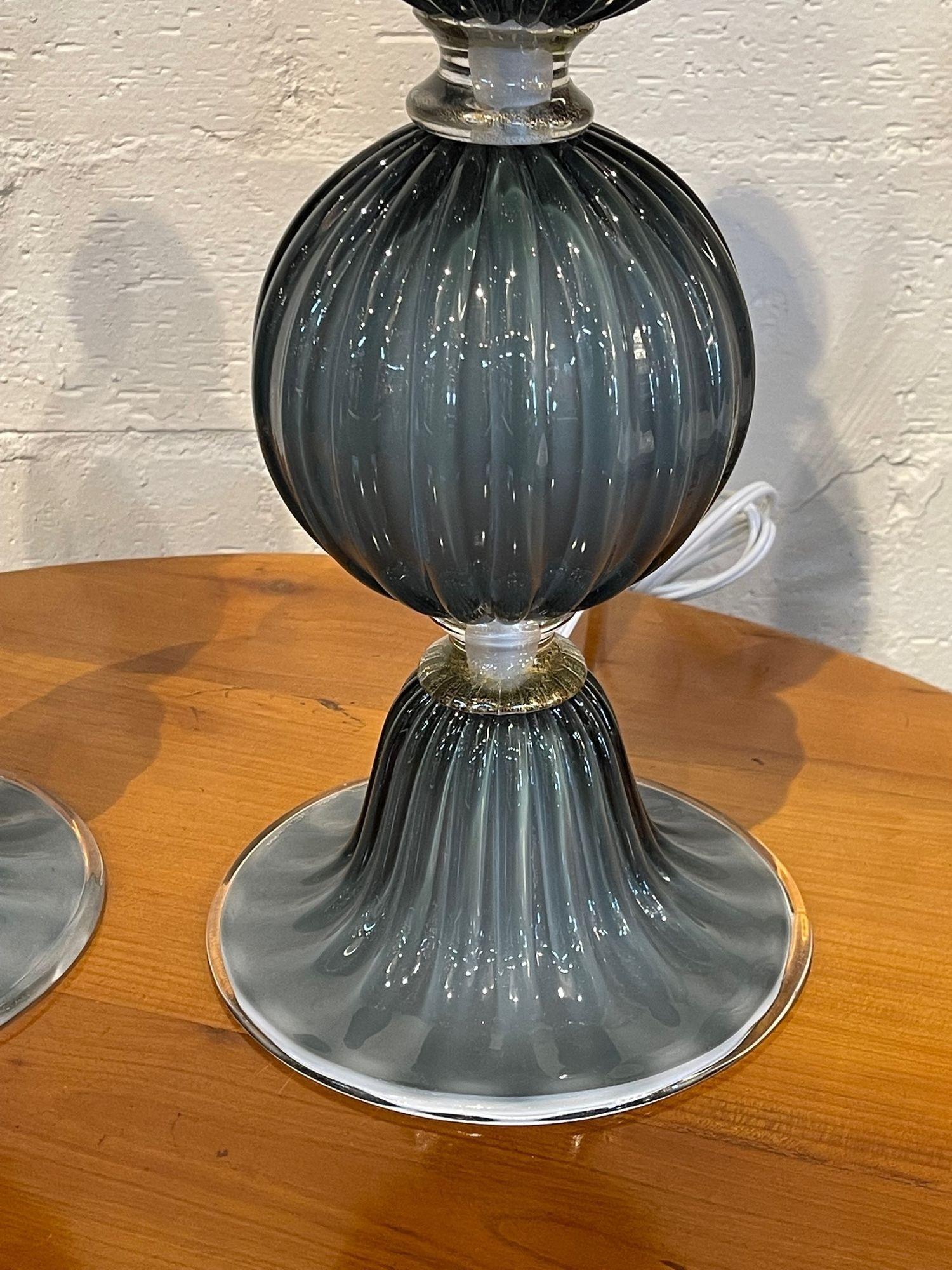 Italian Pair of Modern Double Blown Grey Murano Glass Ball Lamps by Alberto Dona