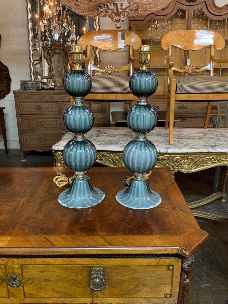 Italian Pair of Modern Double Blown Murano Glass Lamps For Sale