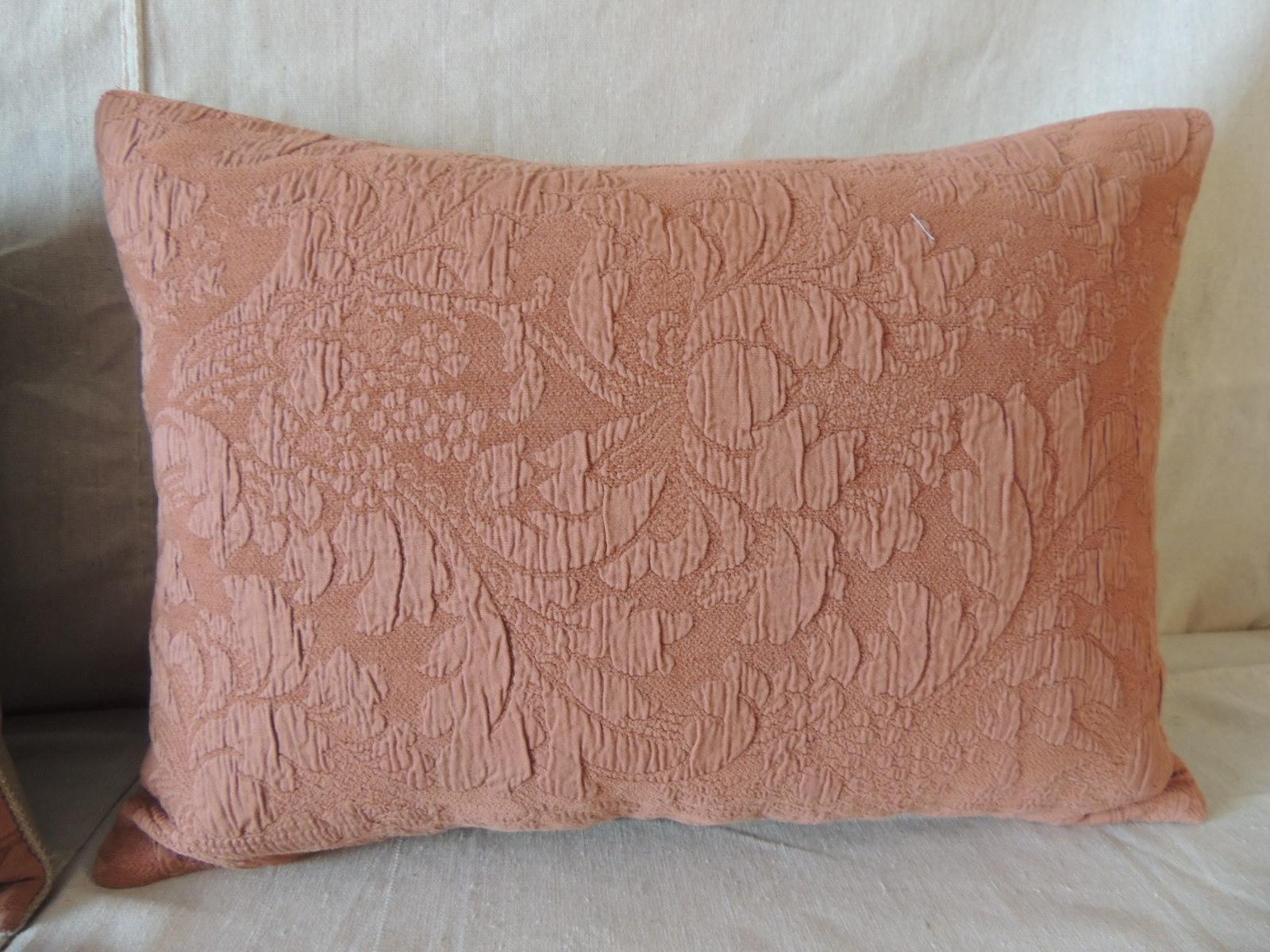 Portuguese Pair of Modern Dusty Pink Tone-on-Tone Matelassé Bolster Decorative Pillows