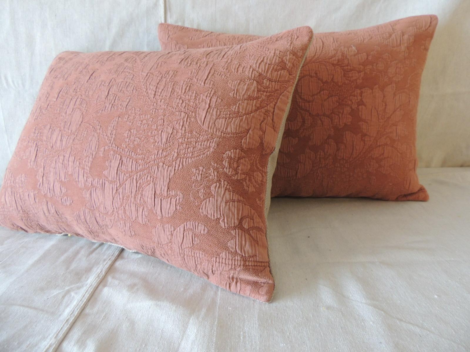Hand-Crafted Pair of Modern Dusty Pink Tone-on-Tone Matelassé Bolster Decorative Pillows