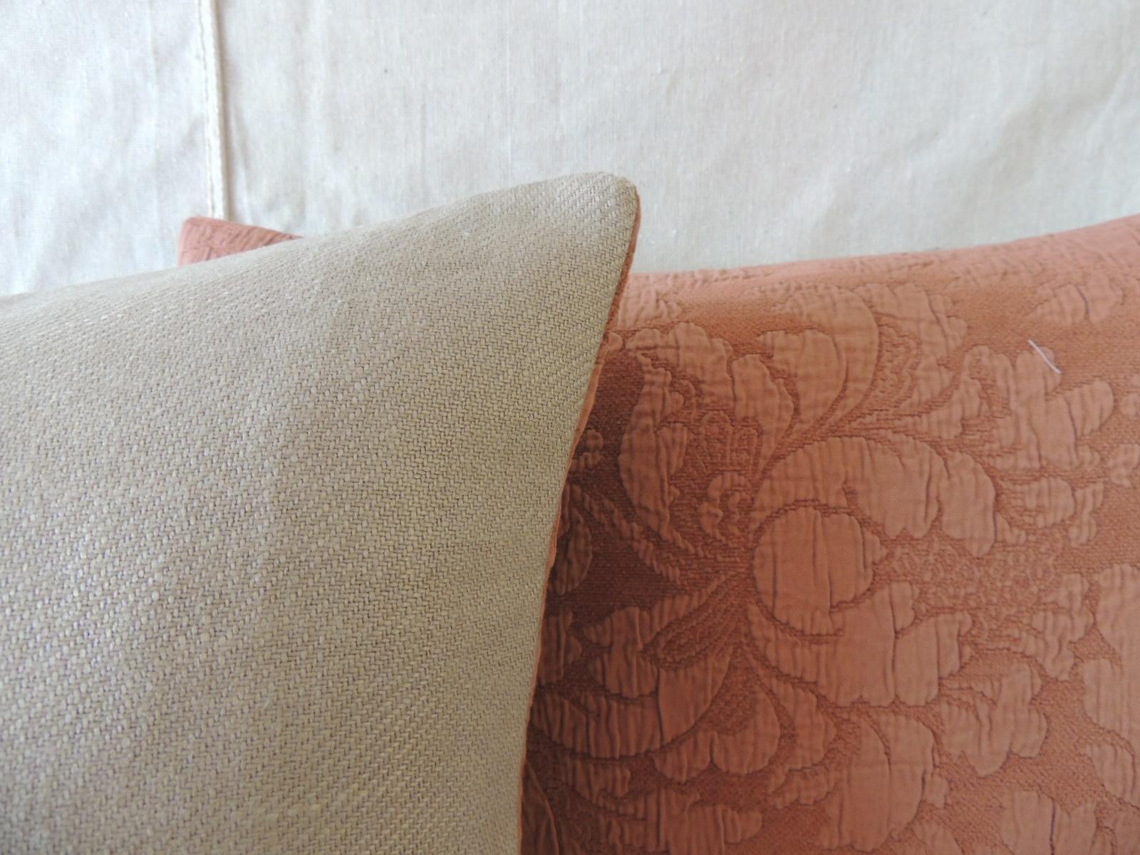 Cotton Pair of Modern Dusty Pink Tone-on-Tone Matelassé Bolster Decorative Pillows