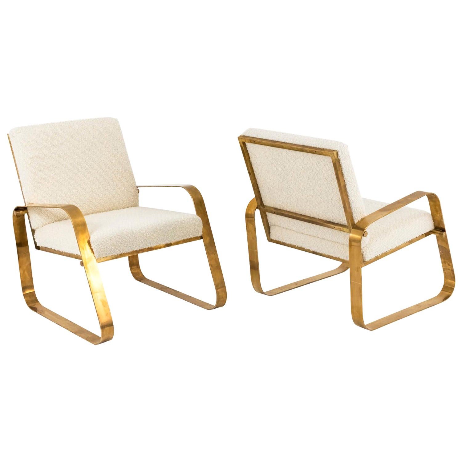 Pair of Modern Easy Chairs in Gilt Brushed Brass, Contemporary Work For Sale